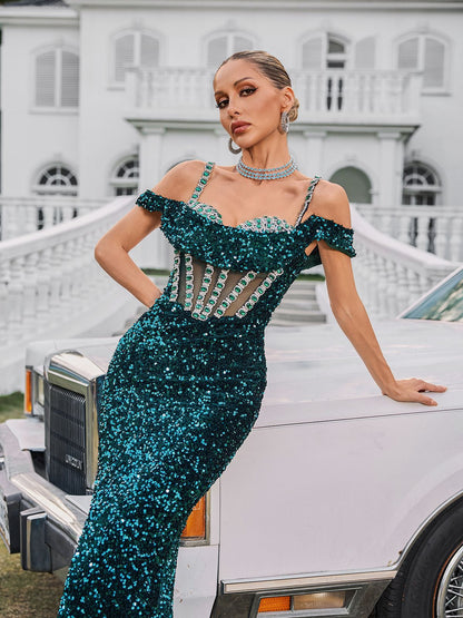 Dyvora Spaghetti Embellished Maxi Dress