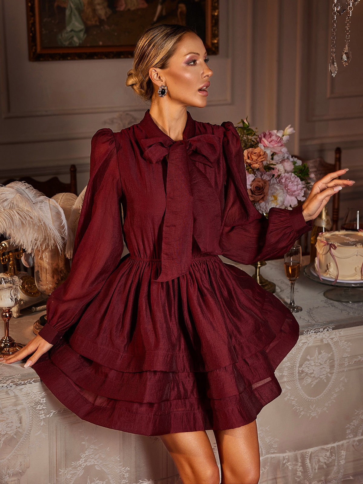 Eairein Long Sleeve Bow Ruffle Mini Dress