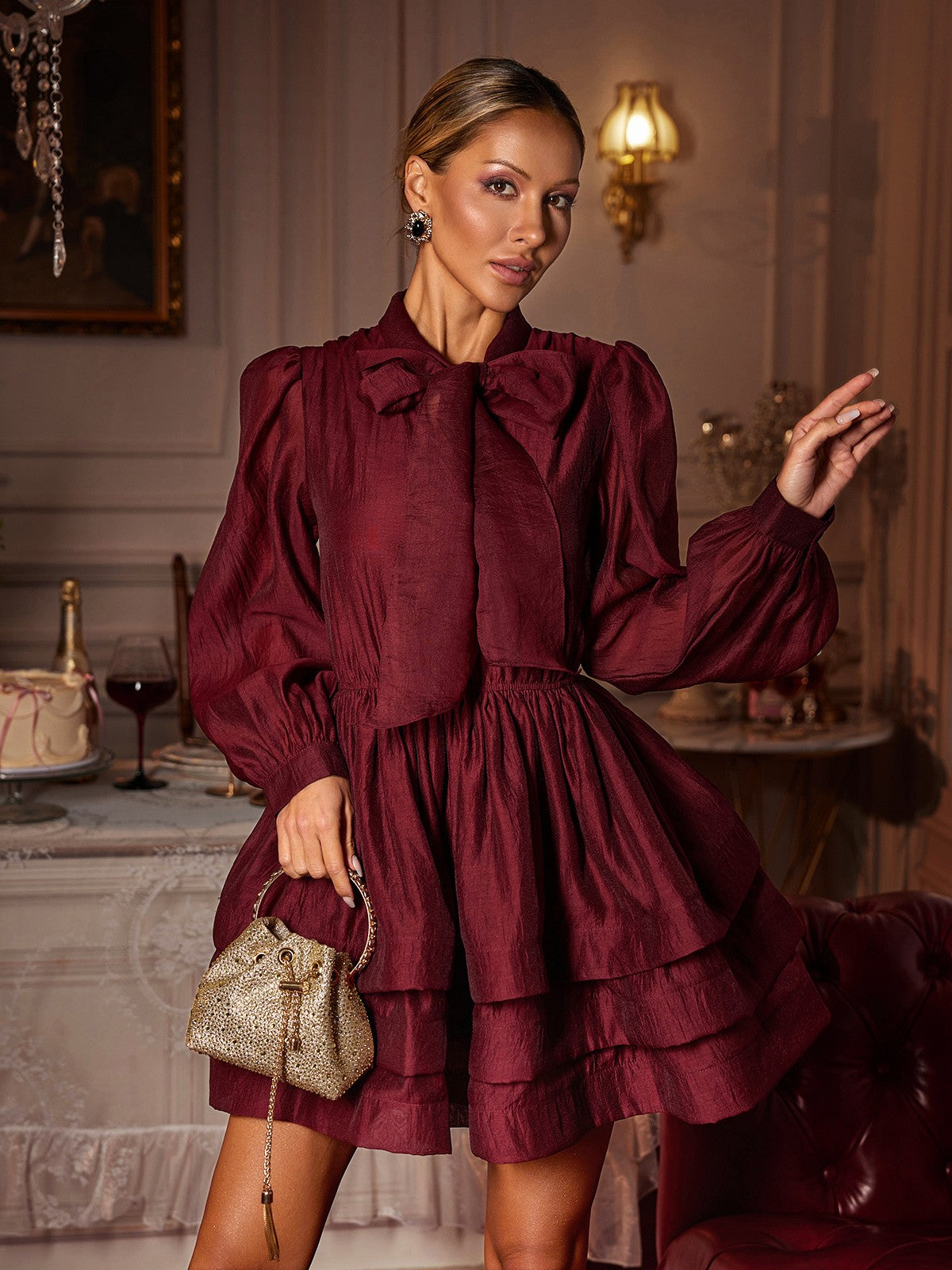 Eairein Long Sleeve Bow Ruffle Mini Dress