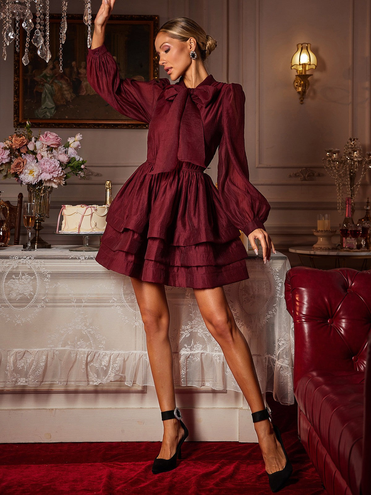 Eairein Long Sleeve Bow Ruffle Mini Dress