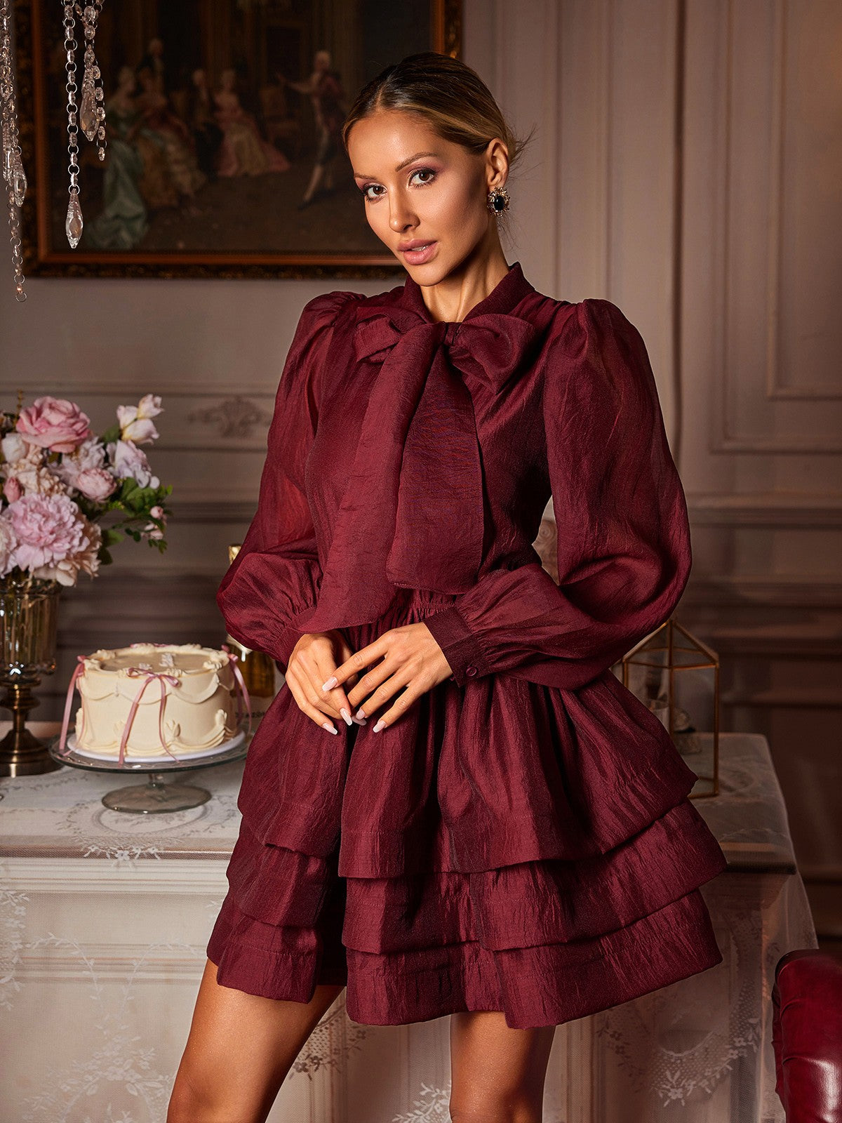 Eairein Long Sleeve Bow Ruffle Mini Dress