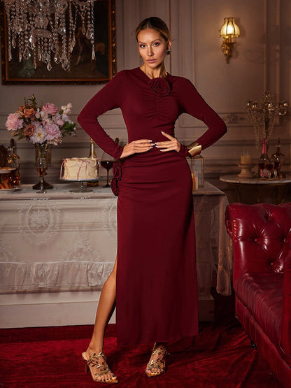 Ebrill Long Sleeve Flower Split Midi Dress