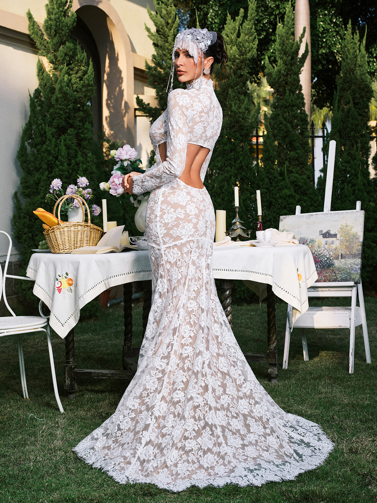 Edalene Long Slevee Flower Cutout Lace Maxi Dress