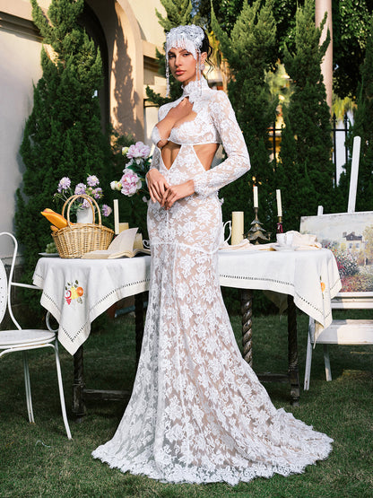 Edalene Long Slevee Flower Cutout Lace Maxi Dress