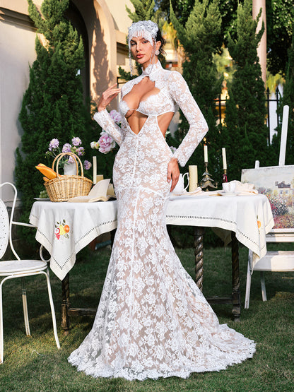 Edalene Long Slevee Flower Cutout Lace Maxi Dress