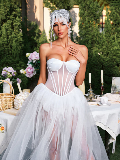 Eddard Strapless Corset Mesh Maxi Dress