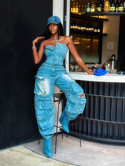 Eden Strapless Pocket Denim Jumpsuit In Blue