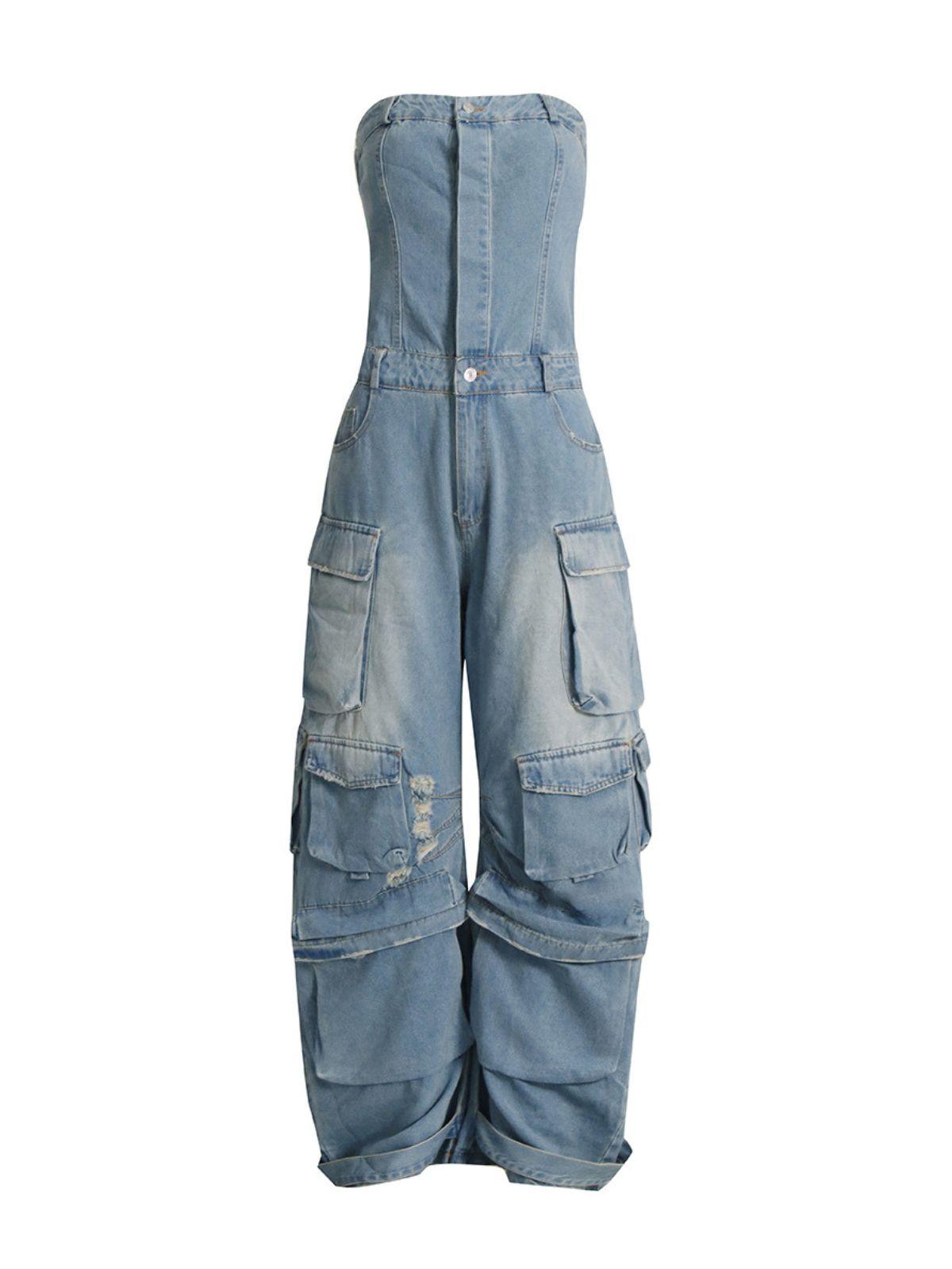Eden Strapless Pocket Denim Jumpsuit In Blue