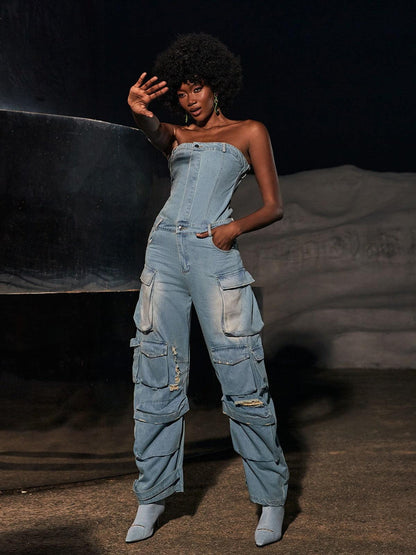 Eden Strapless Pocket Denim Jumpsuit In Blue