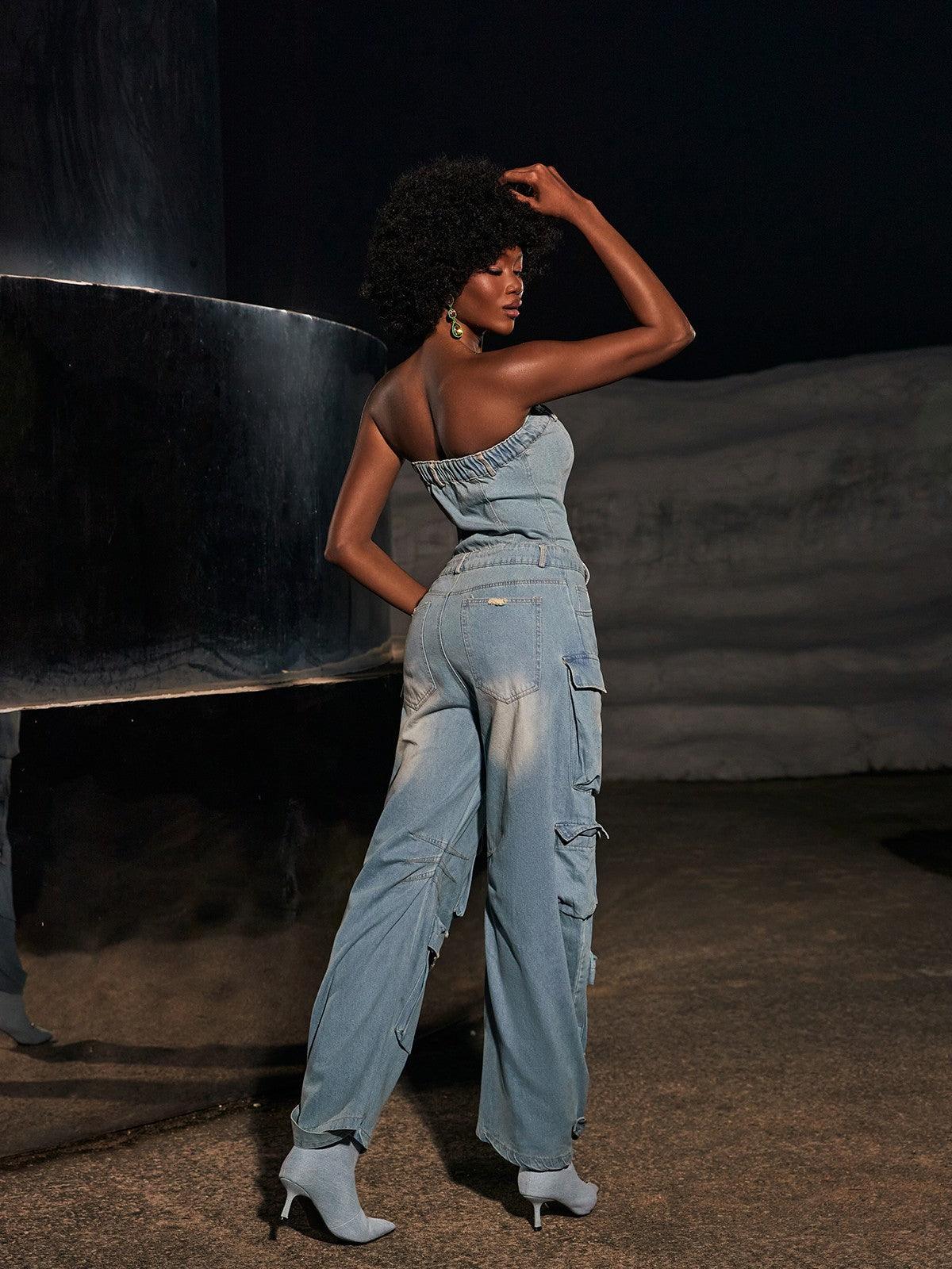 Eden Strapless Pocket Denim Jumpsuit In Blue