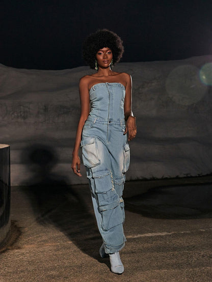 Eden Strapless Pocket Denim Jumpsuit In Blue