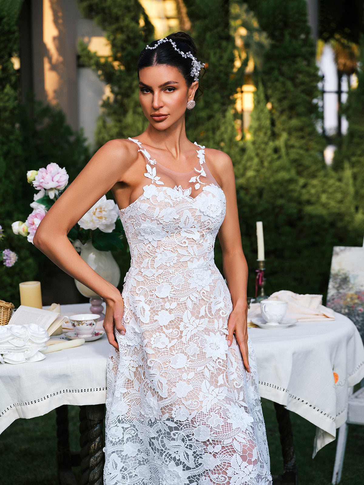 Edena Sleeveless Flower Lace Midi Dress