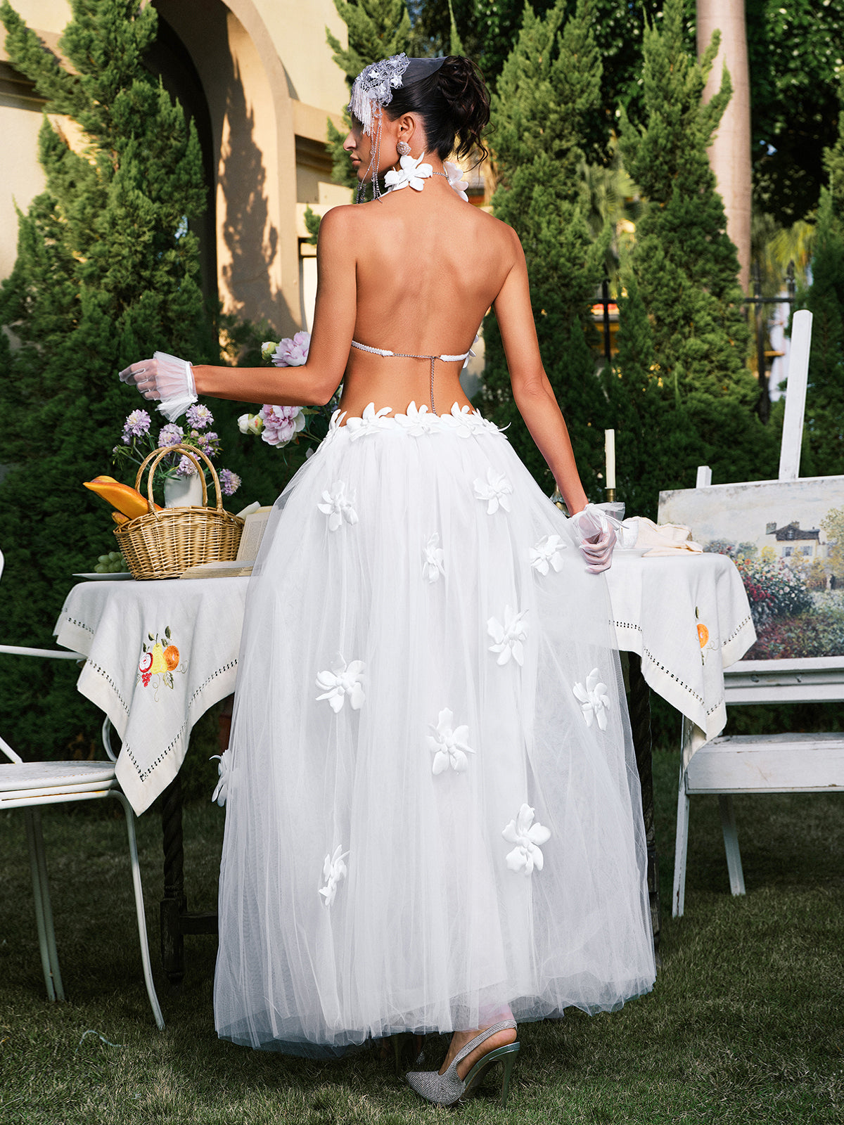 Edimeia High Neck Flower Mesh Skirt Set