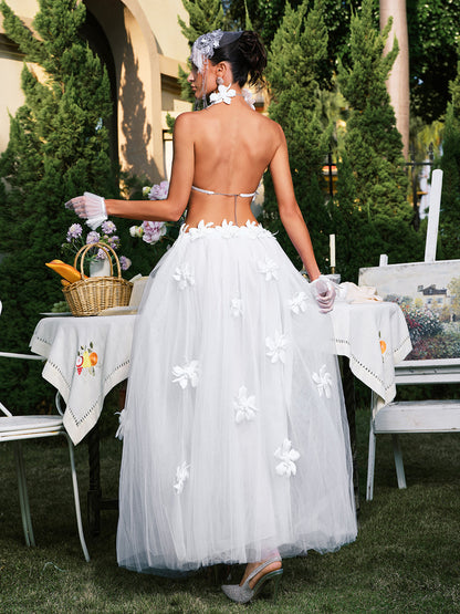 Edimeia High Neck Flower Mesh Skirt Set