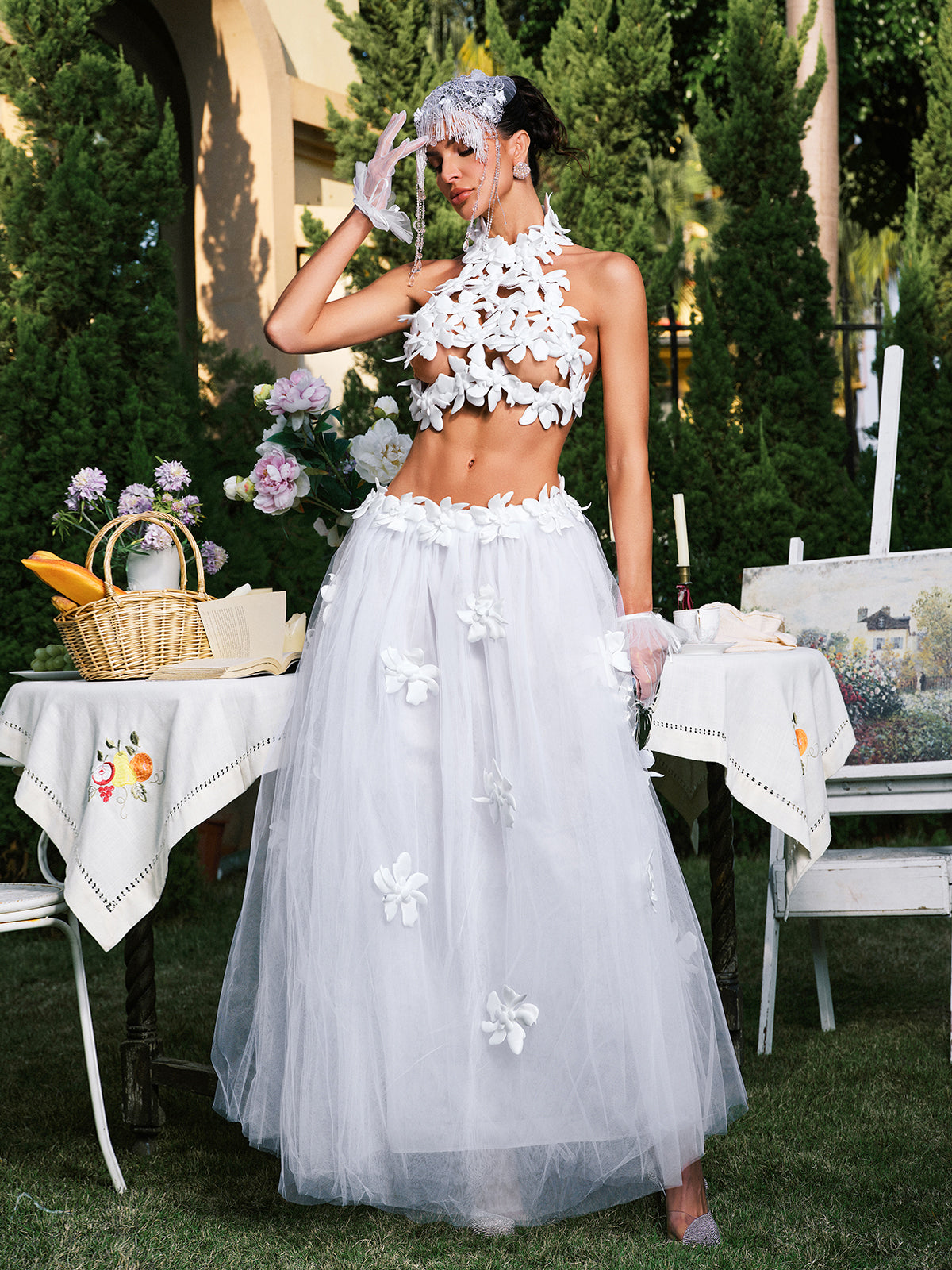 Edimeia High Neck Flower Mesh Skirt Set