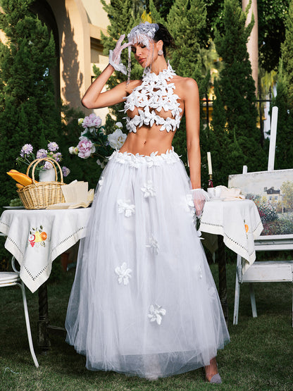 Edimeia High Neck Flower Mesh Skirt Set