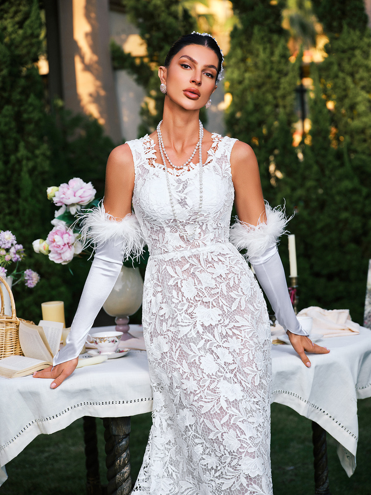 Edison Plunge Neck Floral Lace Maxi Dress