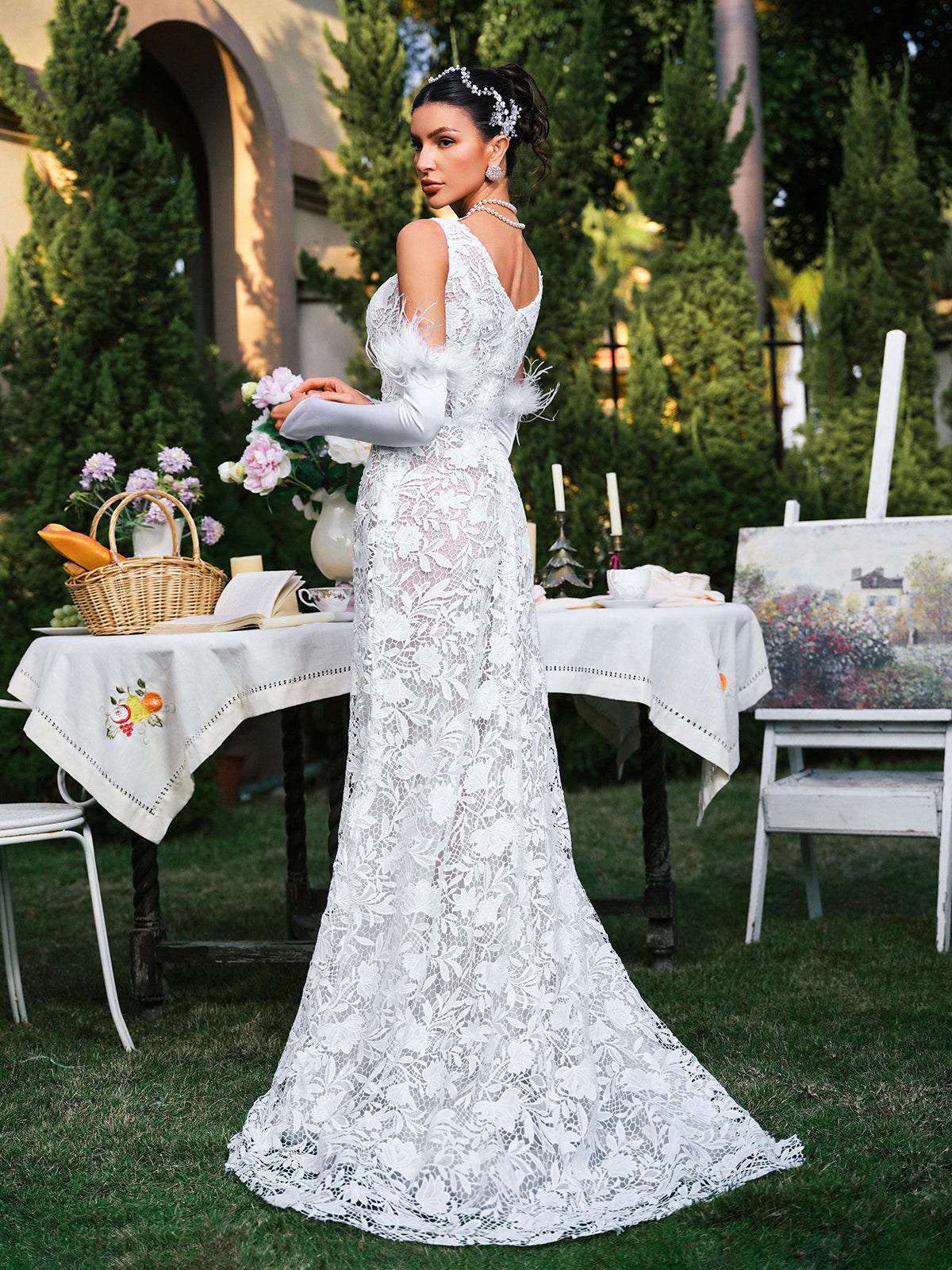 Edison Plunge Neck Floral Lace Maxi Dress