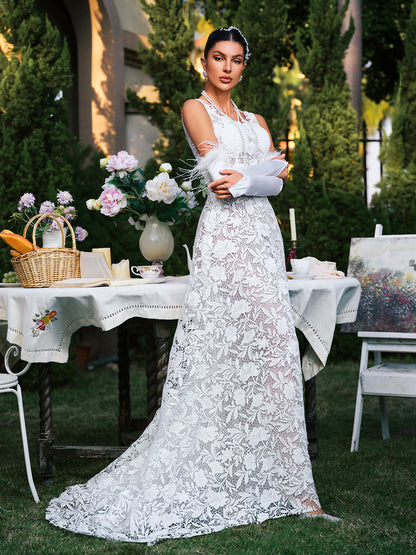 Edison Plunge Neck Floral Lace Maxi Dress