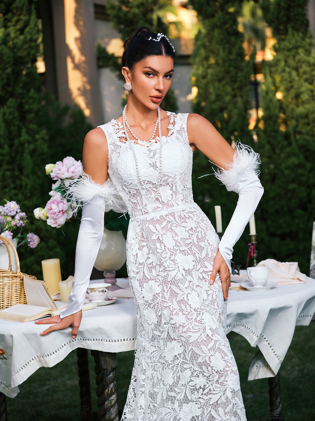 Edison Plunge Neck Floral Lace Maxi Dress