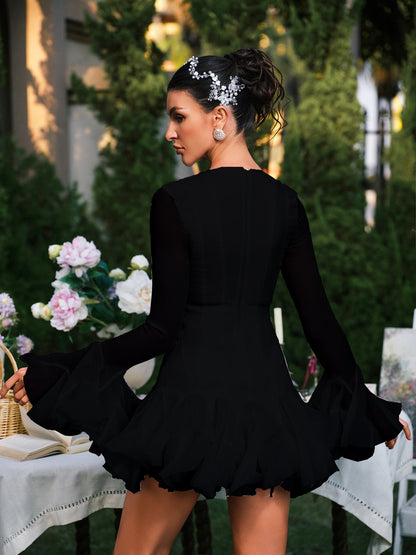 Edsel Flare Sleeve Button Mini Dress In Black