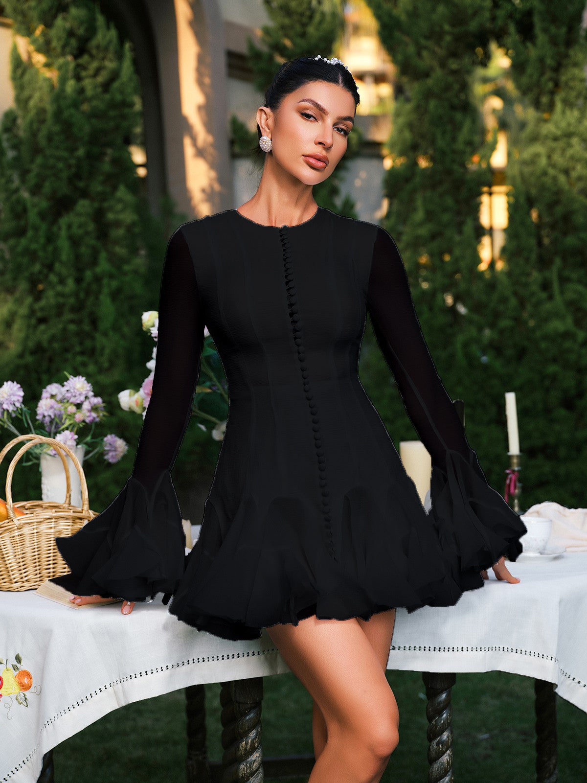 Edsel Flare Sleeve Button Mini Dress In Black
