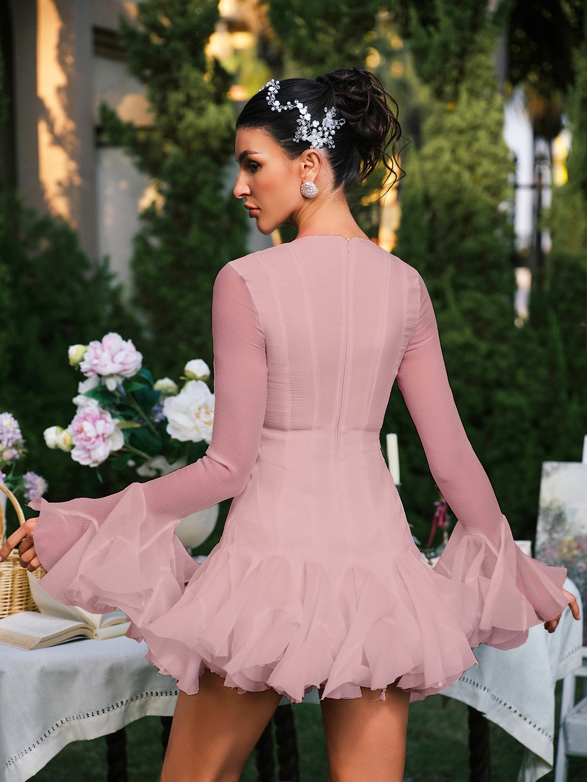 Edsel Flare Sleeve Button Mini Dress In Pink