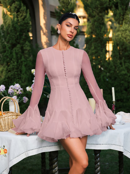 Edsel Flare Sleeve Button Mini Dress In Pink