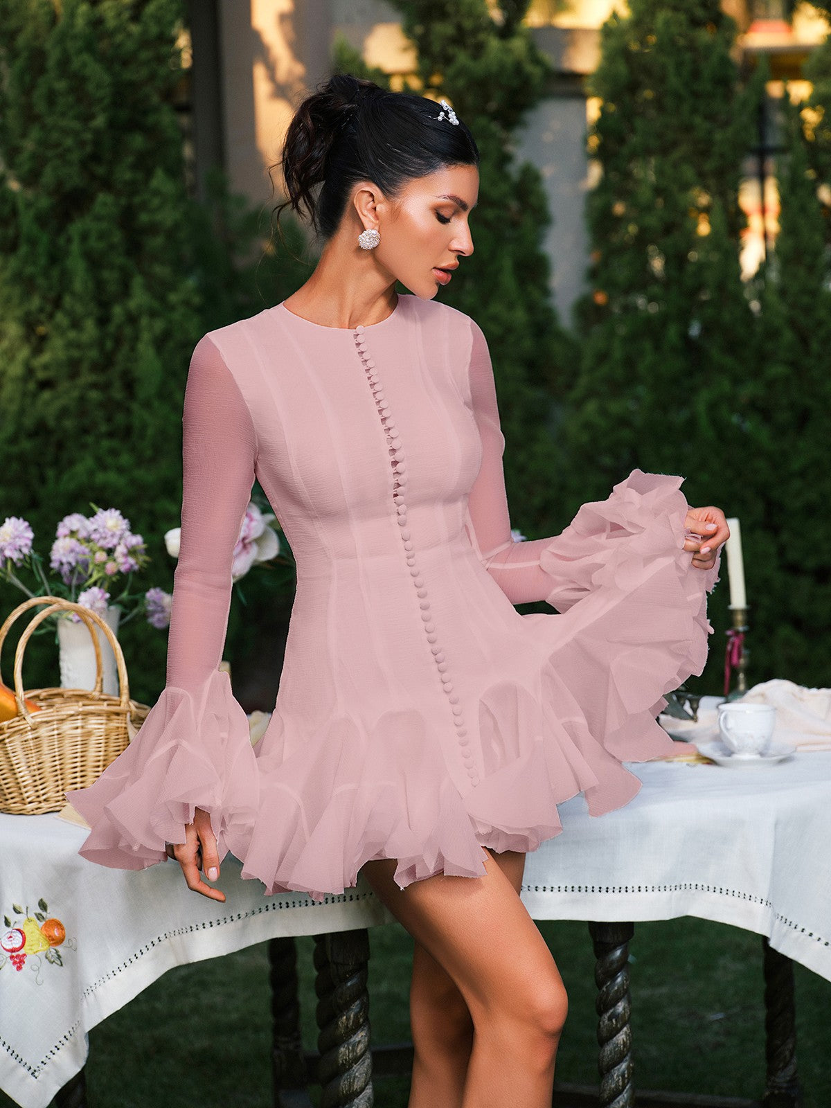Edsel Flare Sleeve Button Mini Dress In Pink
