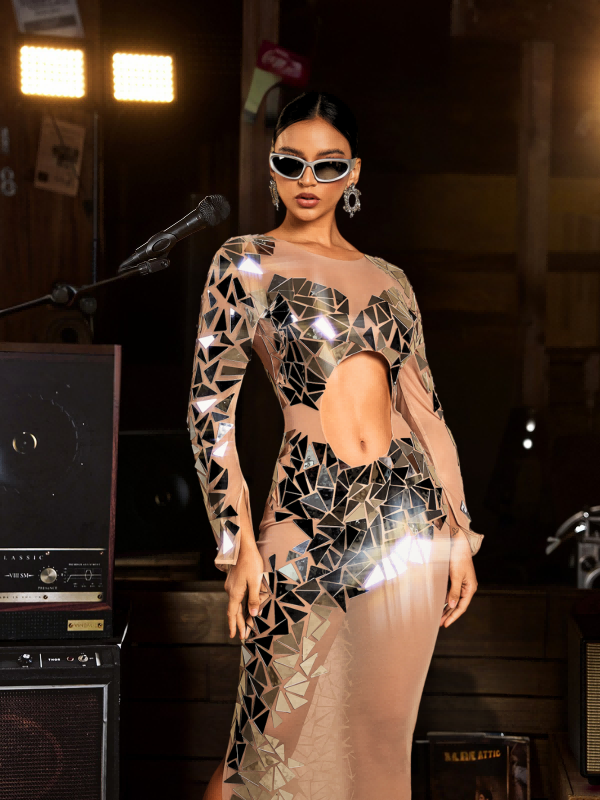 Edwina Long Sleeve Acrylic Cutout Mesh Maxi Dress