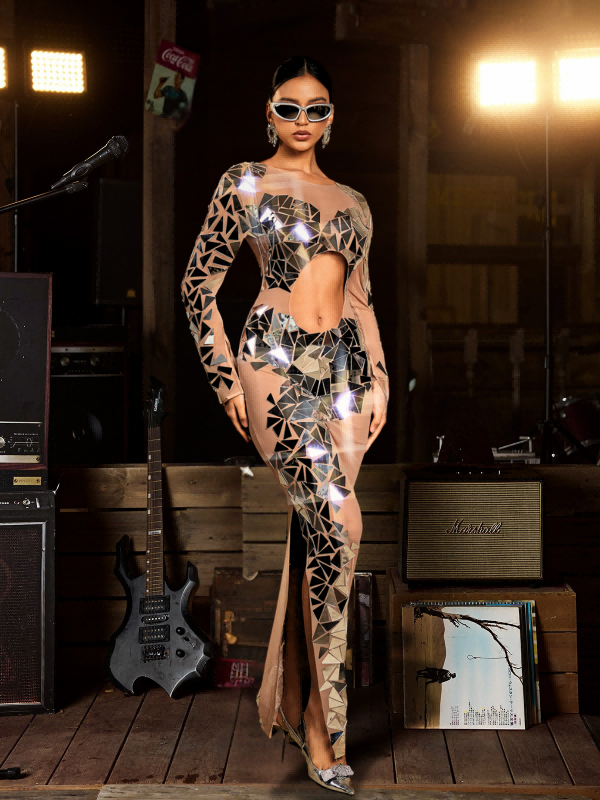 Edwina Long Sleeve Acrylic Cutout Mesh Maxi Dress