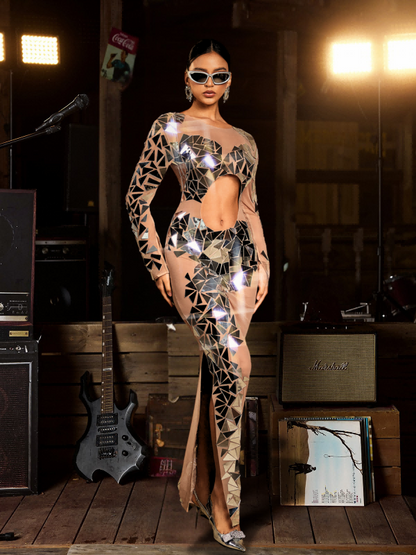 Edwina Long Sleeve Acrylic Cutout Mesh Maxi Dress