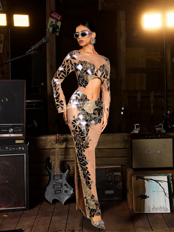 Edwina Long Sleeve Acrylic Cutout Mesh Maxi Dress