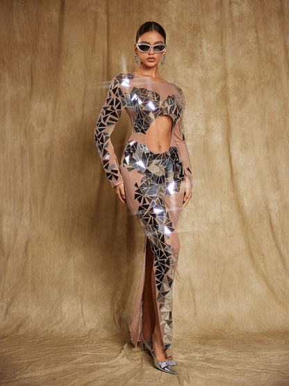 Edwina Long Sleeve Acrylic Cutout Mesh Maxi Dress