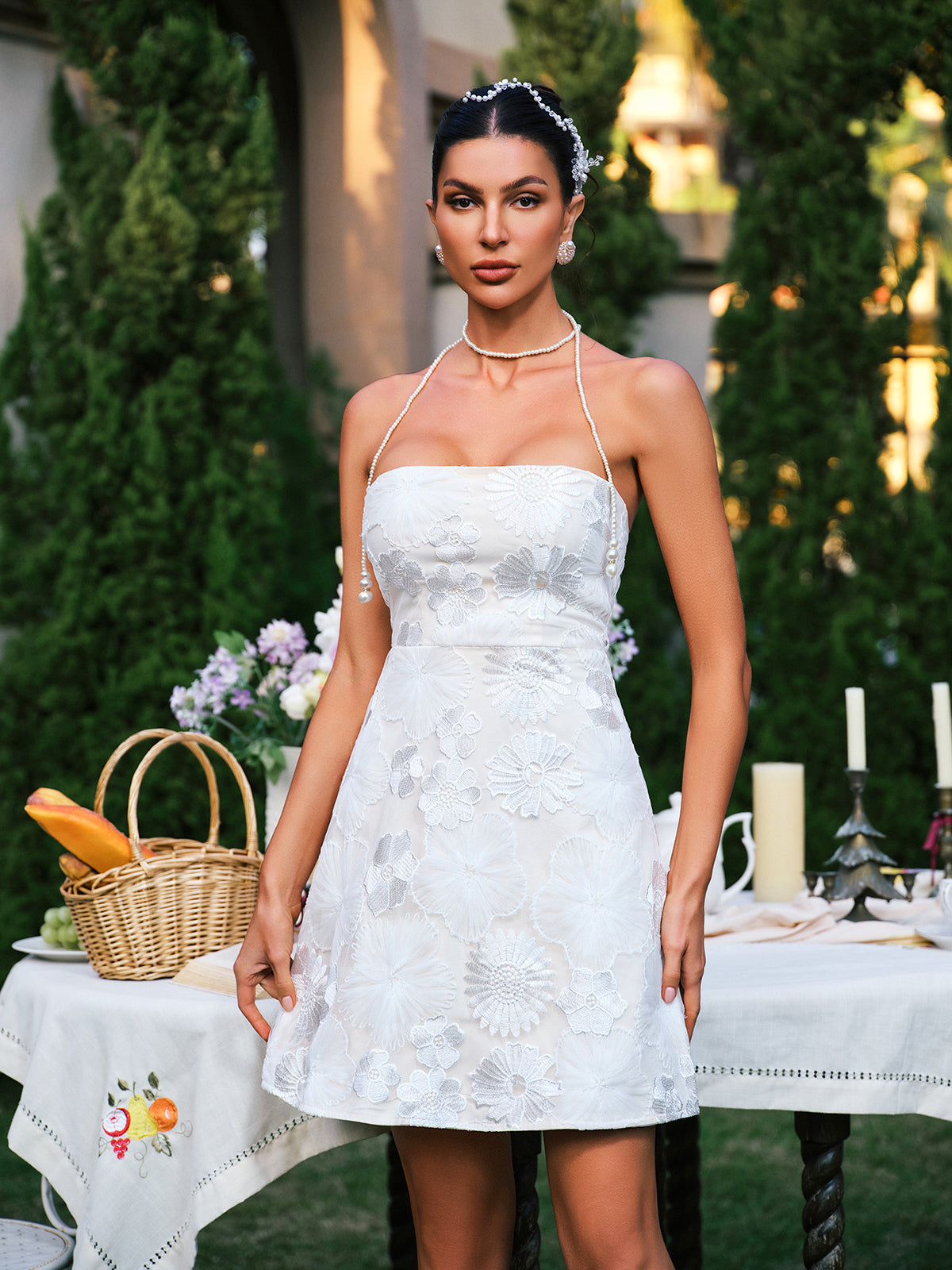 Efharis Strapless Floral Embroidered Mini Dress