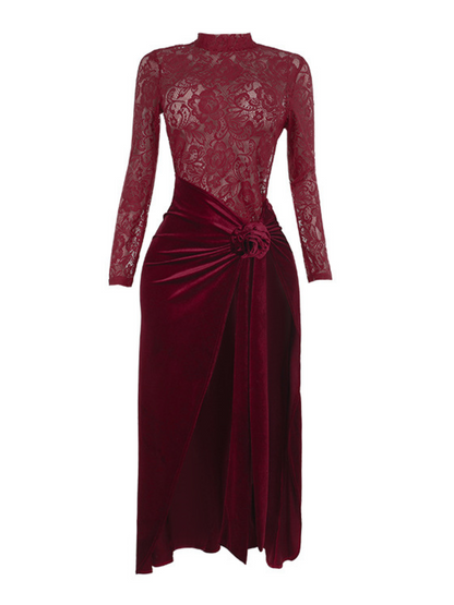 Eldrian Flower Ruched Split Lace Velvet Maxi Dress