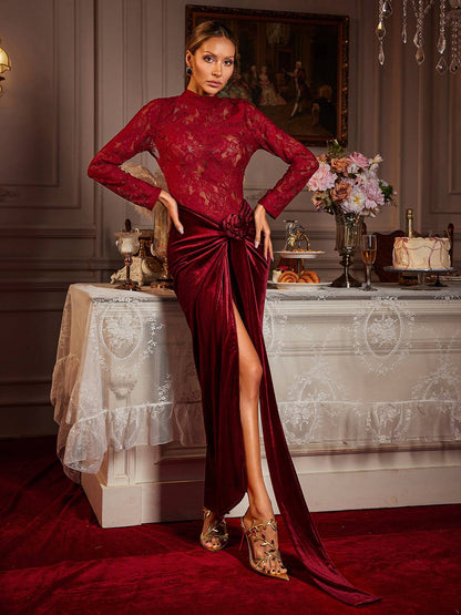 Eldrian Flower Ruched Split Lace Velvet Maxi Dress