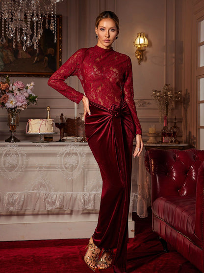 Eldrian Flower Ruched Split Lace Velvet Maxi Dress