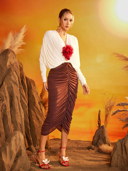 Eldrik V Neck Flower Ruched Midi Dress