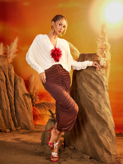 Eldrik V Neck Flower Ruched Midi Dress