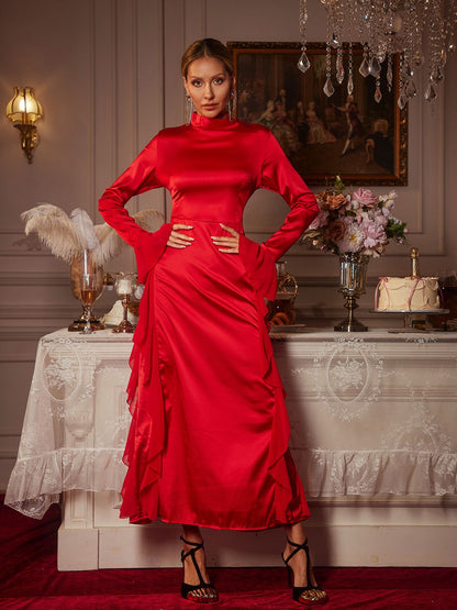 Elizabegh Long Sleeve Ruffle Satin Midi Dress