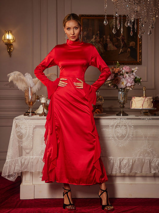 Elizabegh Long Sleeve Ruffle Satin Midi Dress