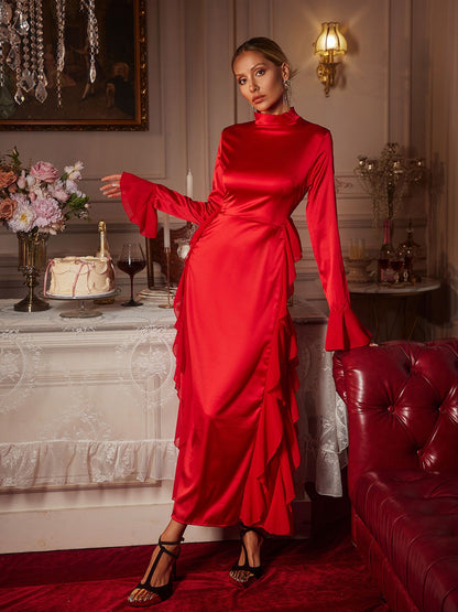 Elizabegh Long Sleeve Ruffle Satin Midi Dress