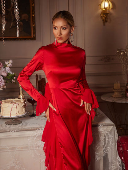 Elizabegh Long Sleeve Ruffle Satin Midi Dress