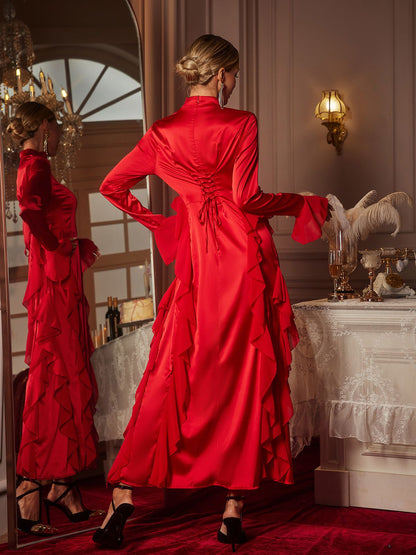 Elizabegh Long Sleeve Ruffle Satin Midi Dress