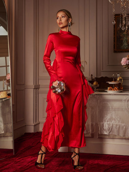 Elizabegh Long Sleeve Ruffle Satin Midi Dress