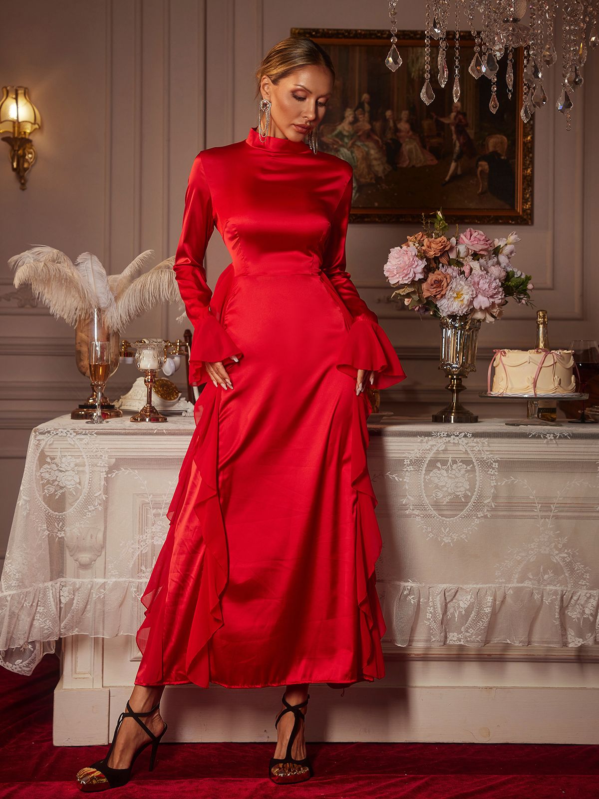Elizabegh Long Sleeve Ruffle Satin Midi Dress