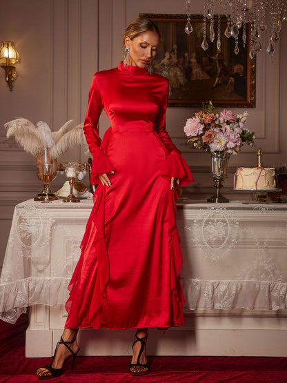 Elizabegh Long Sleeve Ruffle Satin Midi Dress