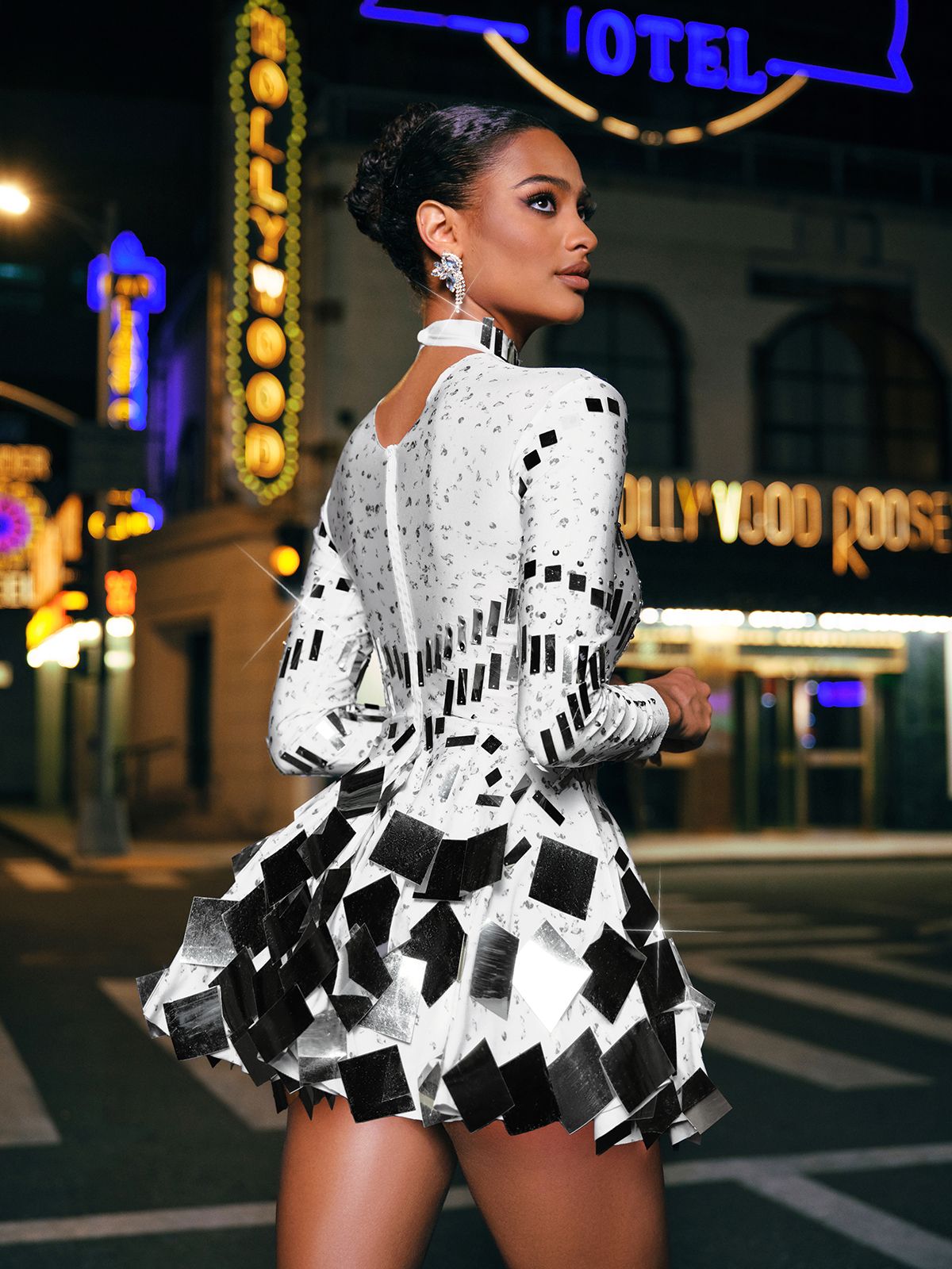 Ella Long Sleeve Embellished Mini Dress In White