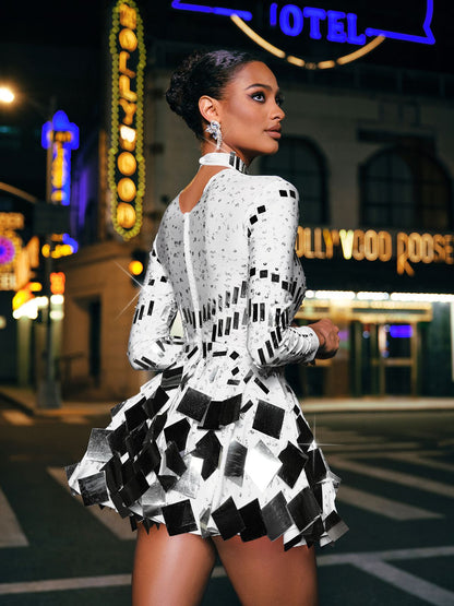 Ella Long Sleeve Embellished Mini Dress In White